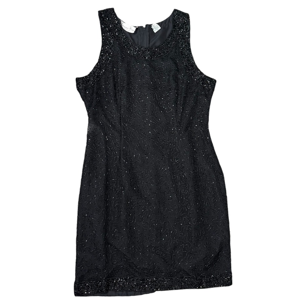 Laurence Kazar Black Beaded Silk Cocktail Dress Sz M VTG 80s Whimsigoth fairy - Picture 4 of 11